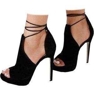 👑Women's 1-Black Peep Toe Platform Stiletto Heels Lace-Up Strappy Dress Sandals